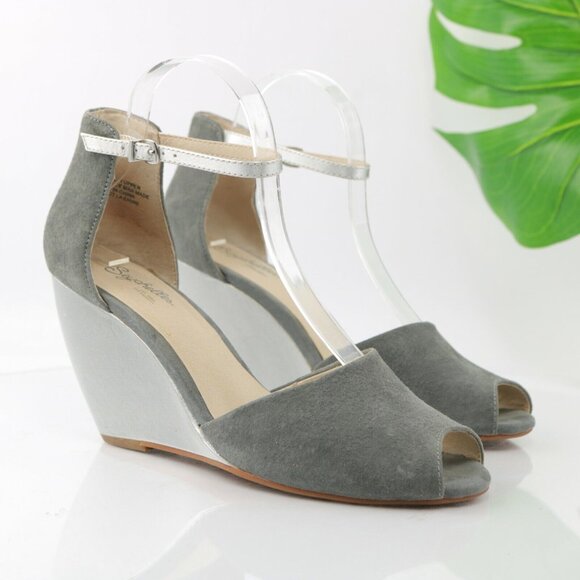 Seychelles Womens Sandal Size 11 Gray Suede Wedge Heel Ankle Strap Peep Toe Shoe - Picture 1 of 12